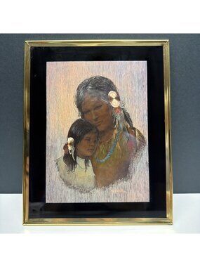 Native American Mother Daughter Foil Art Framed Portrait 8x10 M. Caroselli VTG